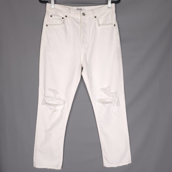 NWT AGOLDE Women’s Riley Crop High Rise Straight Jeans White Slant Distressed 27 - Picture 4 of 16